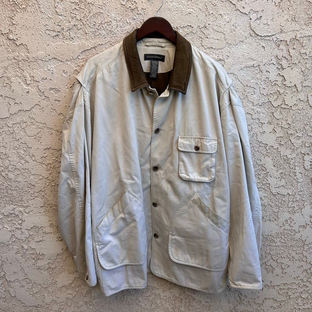 Vintage Banana Republic Cotton Canvas Jacket Brown Leather Collar XL